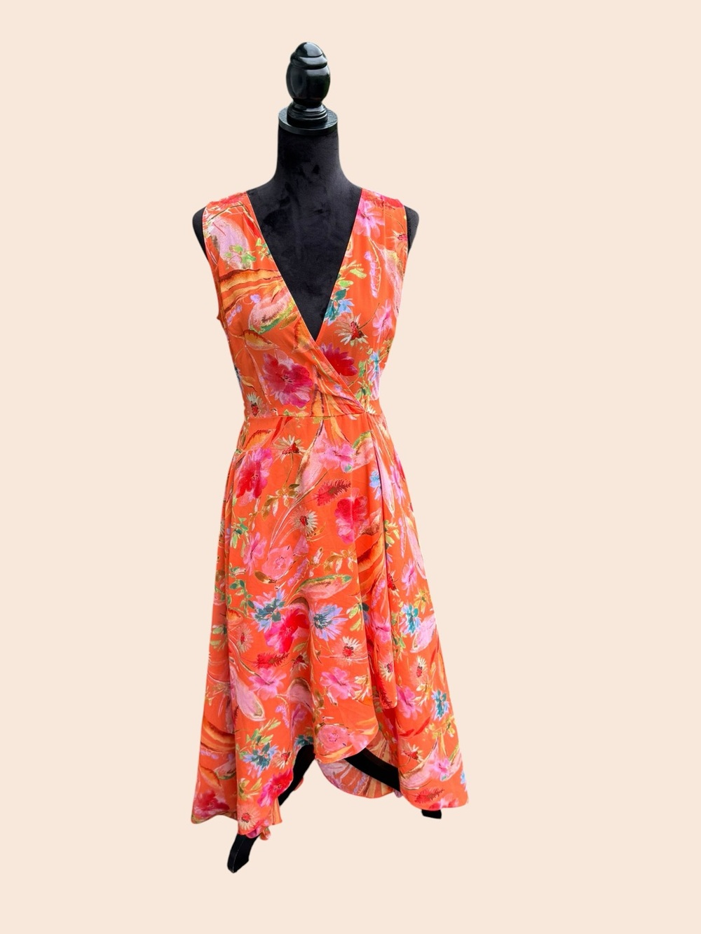 Calvin Klein Orange Chiffon  Floral High Low Wrap Dress‎ Wedding Guest Bridal